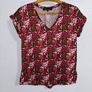 Loramendi V-Neck Top Medium Pink Brown Abstract Animal‎ Print Stretch Blouse